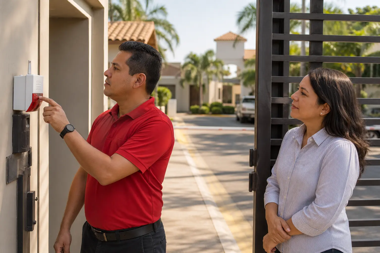 Técnico verificando una alarma vecinal en el acceso de un condominio