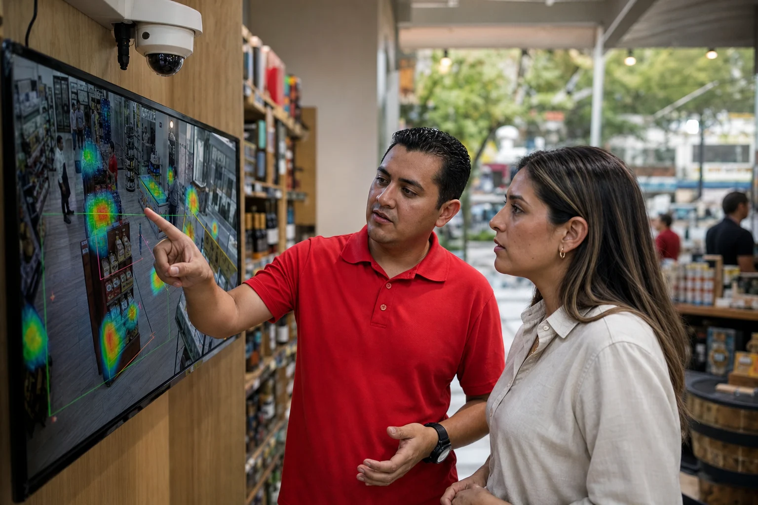 Técnico y gerente revisando analítica de video aplicada a una tienda