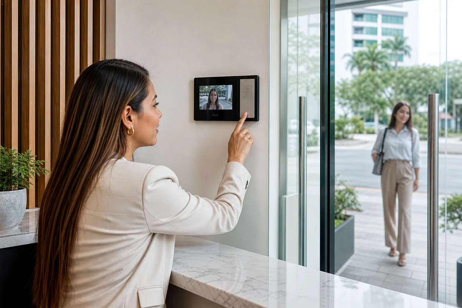 Recepcionista atendiendo a una visitante mediante un videoportero